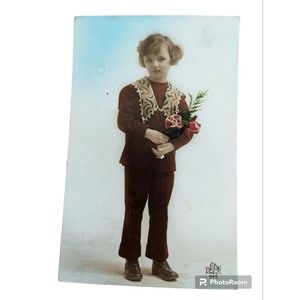 Vintage RPPC Postcard Young Girl In Red With Roses Dede Paris Stamp 1924